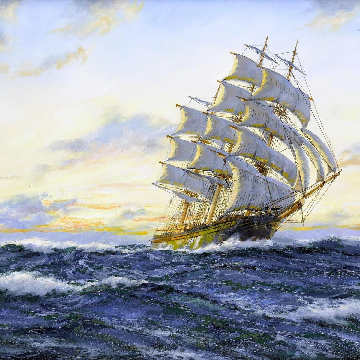 Nautical Oil Paintings - Tall Ship at Sunset Sea Wall Art - Oil Painting Haven