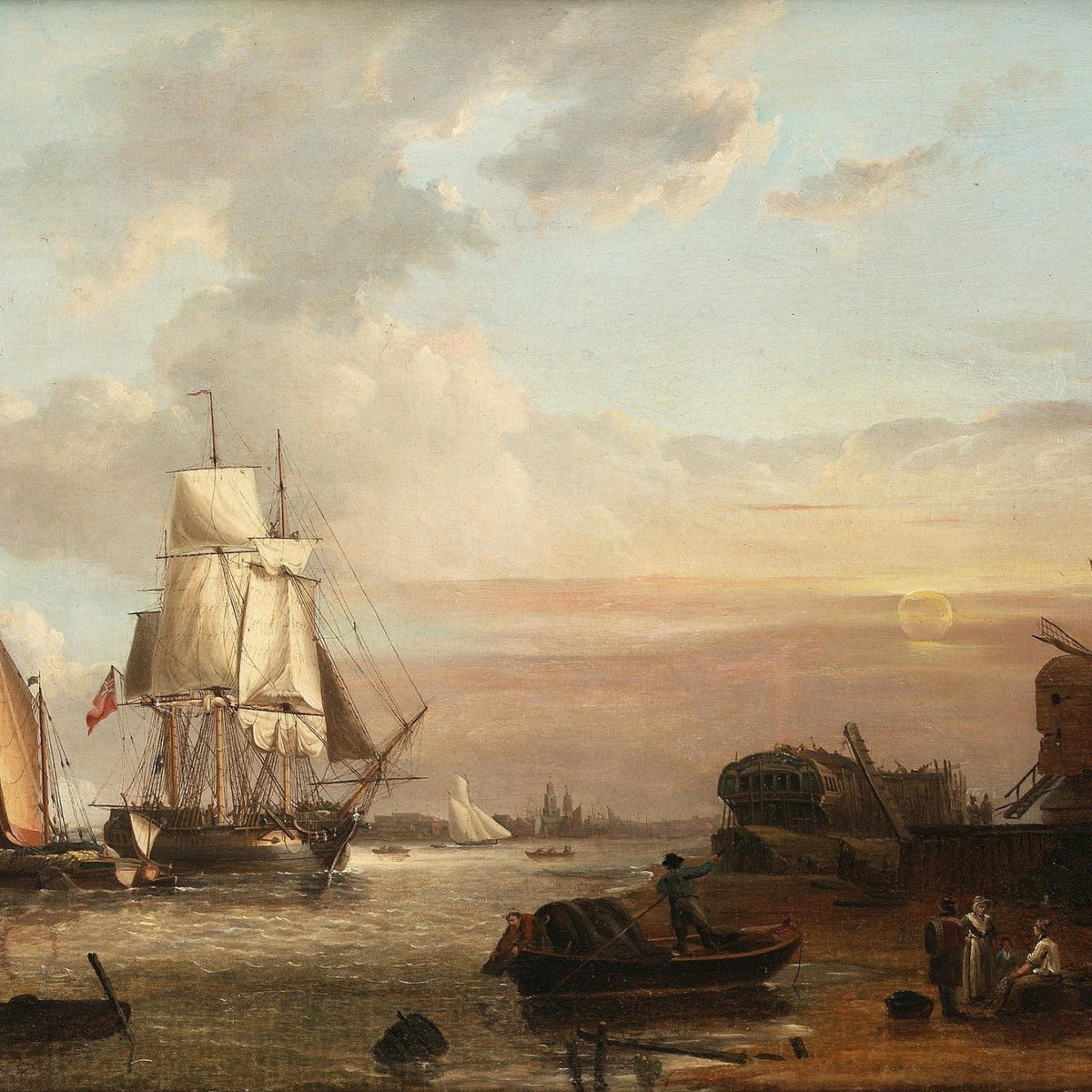 Nautical Oil Paintings - Tall Ship by Harbor Windmill at Dusk - Oil Painting Haven