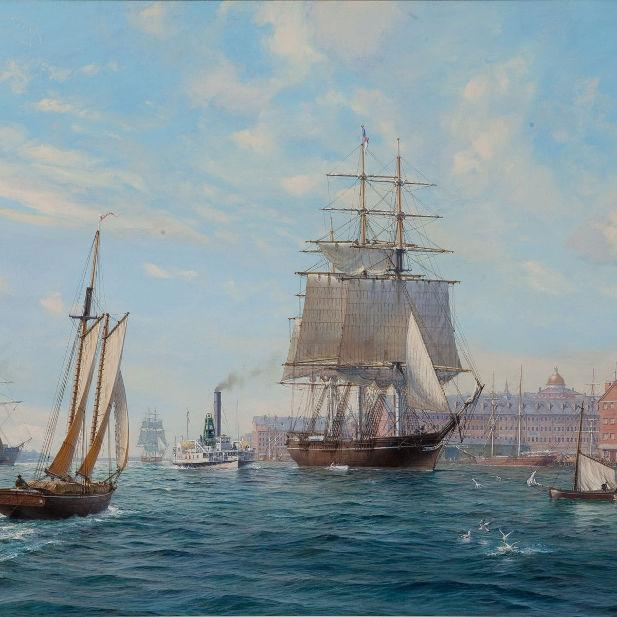 Hand-painted tall ship in a historic harbor scene nautical oil painting on canvas