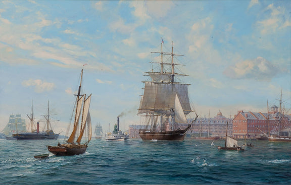 Hand-painted tall ship in a historic harbor scene nautical oil painting on canvas
