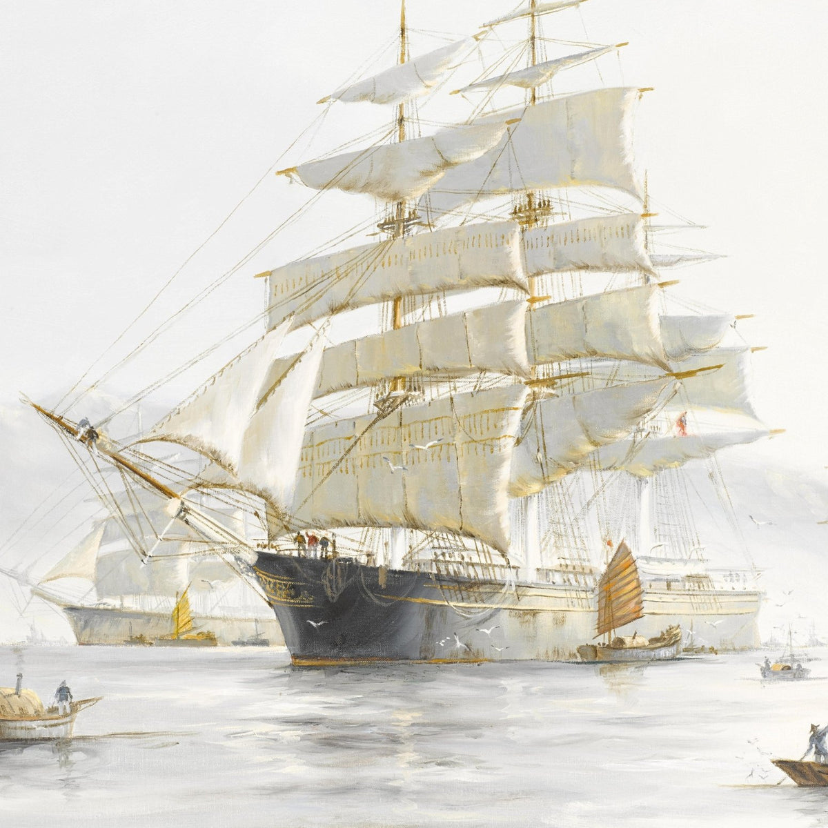 Hand-painted tall ship in a misty harbor scene nautical oil painting on canvas