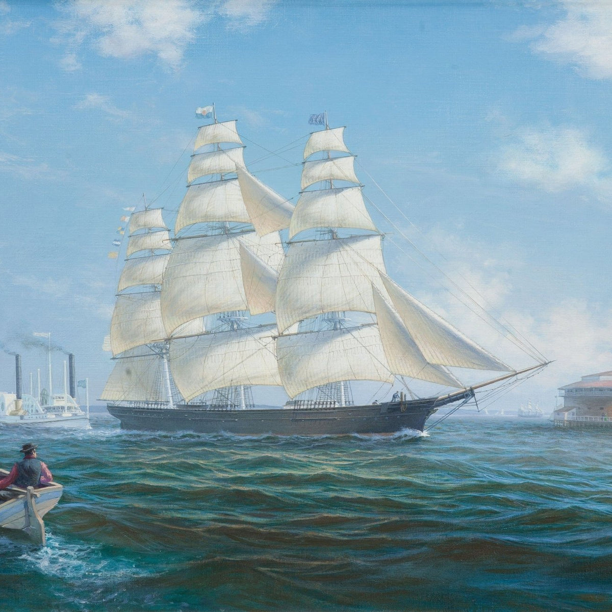 Hand-painted tall ship in bright blue harbor waters nautical oil painting on canvas