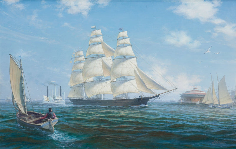 Hand-painted tall ship in bright blue harbor waters nautical oil painting on canvas