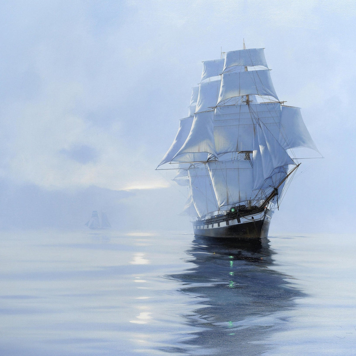 Hand-painted tall ship in misty blue waters nautical oil painting on canvas