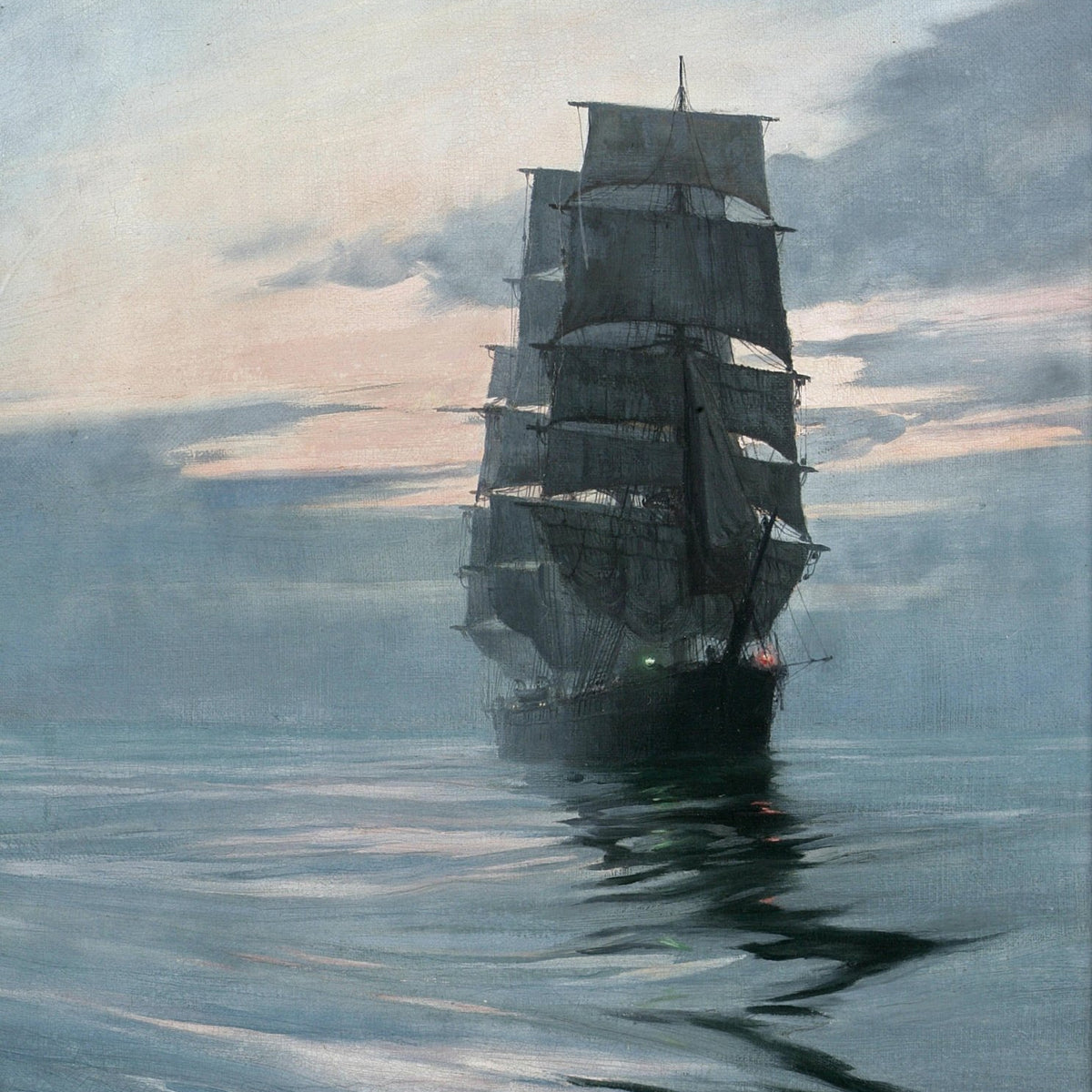 Nautical Oil Paintings - Tall Ship in Misty Twilight Waters - Oil Painting Haven