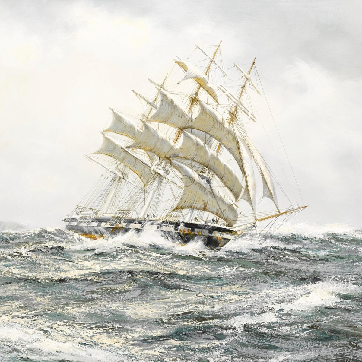 Hand-painted tall ship in rough sea and white sails nautical oil painting on canvas