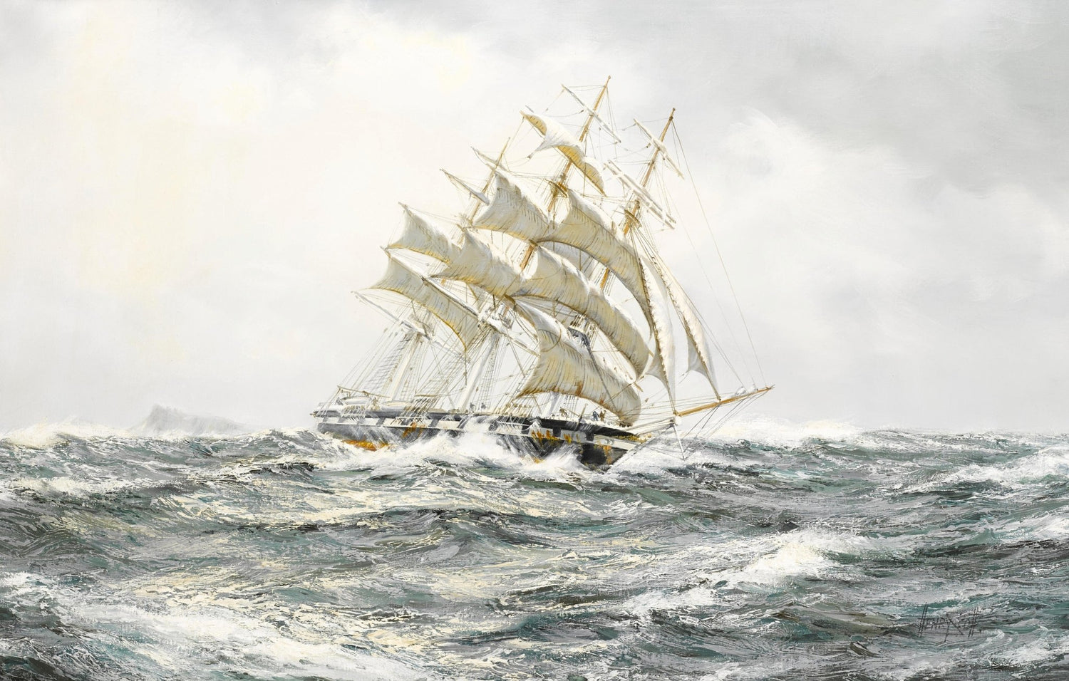 Hand-painted tall ship in rough sea and white sails nautical oil painting on canvas