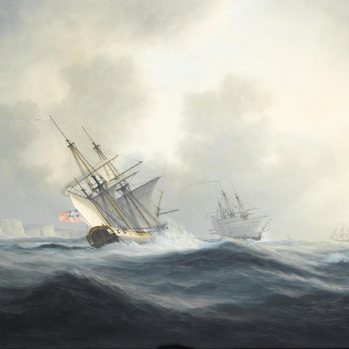 Hand-painted tall ship in rough sea by white cliffs nautical oil painting on canvas