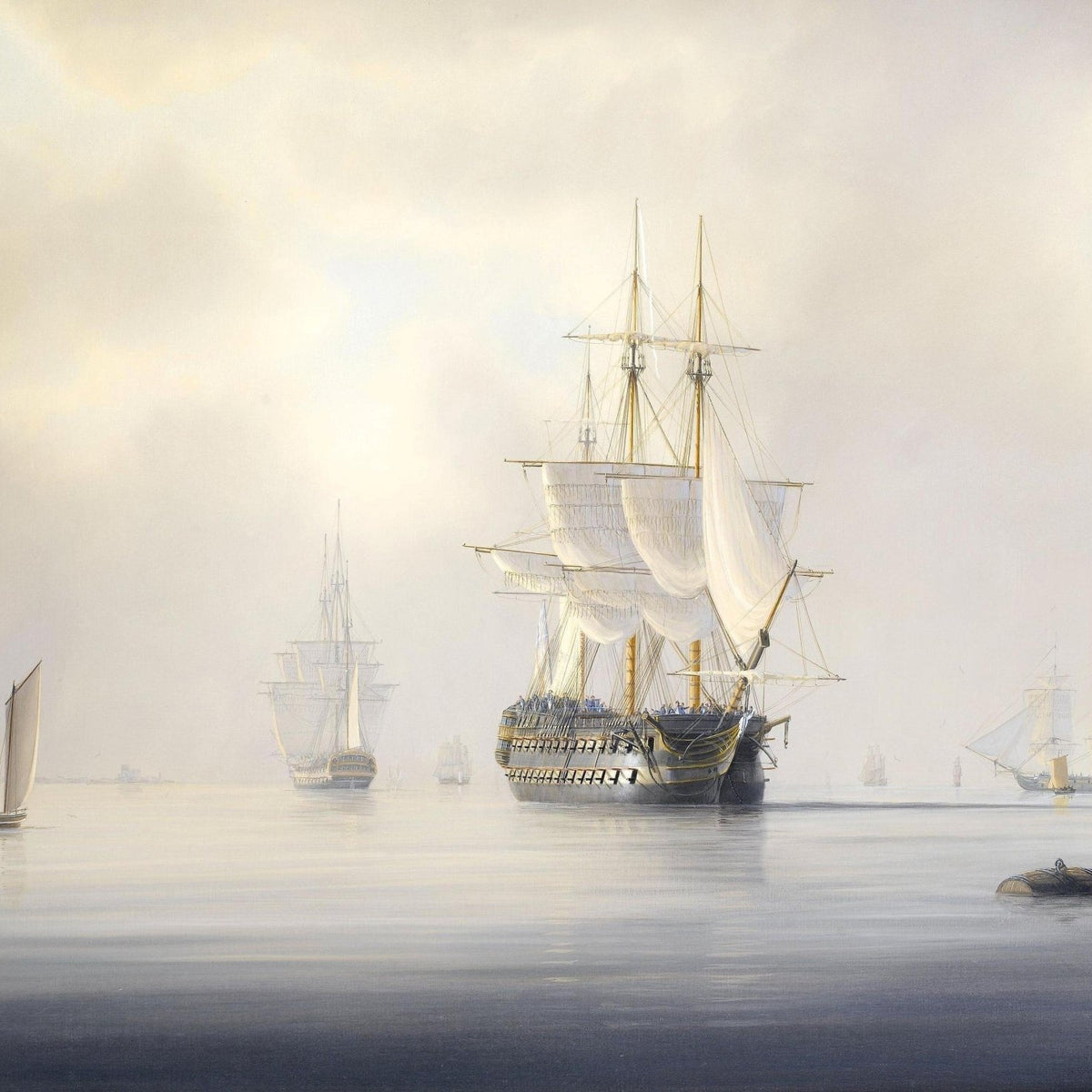 Hand-painted tall ship in soft harbor morning light nautical oil painting on canvas