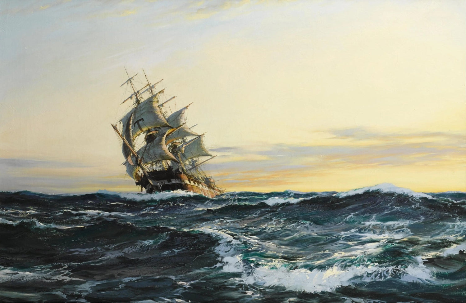 Nautical Oil Paintings - Tall Ship in Sunset Sea - Oil Painting Haven