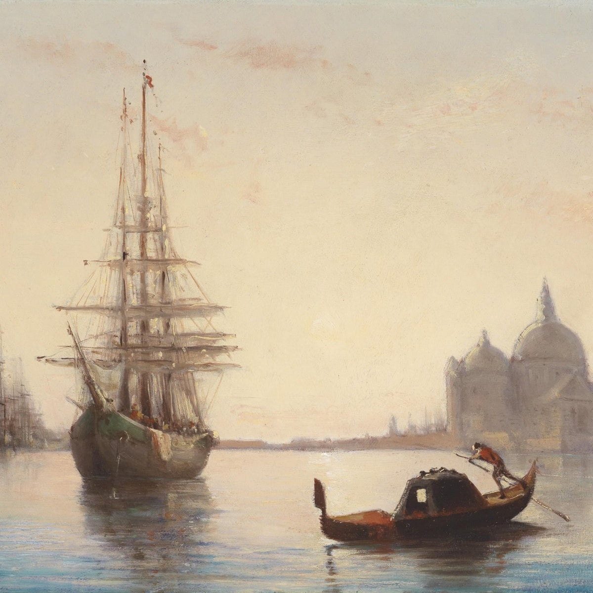 Hand-painted tall ship in Venetian lagoon nautical oil painting on canvas