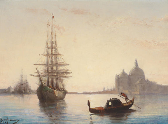 Hand-painted tall ship in Venetian lagoon nautical oil painting on canvas