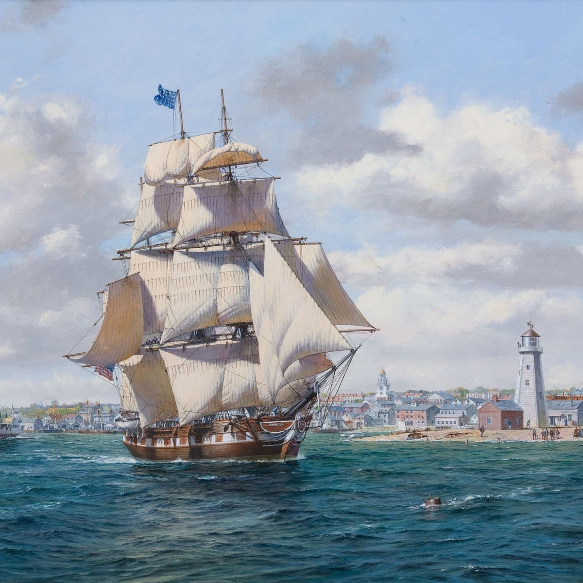 Nautical Oil Paintings - Tall Ship Near a Lighthouse Harbor - Oil Painting Haven