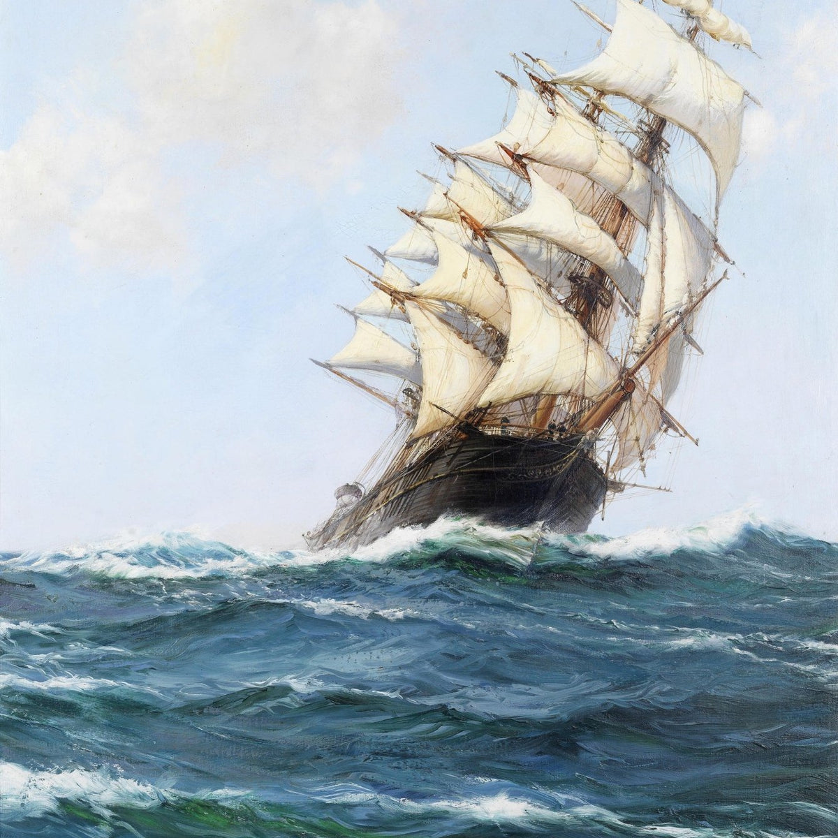 Nautical Oil Paintings - Tall Ship on Blue Ocean Waves - Oil Painting Haven