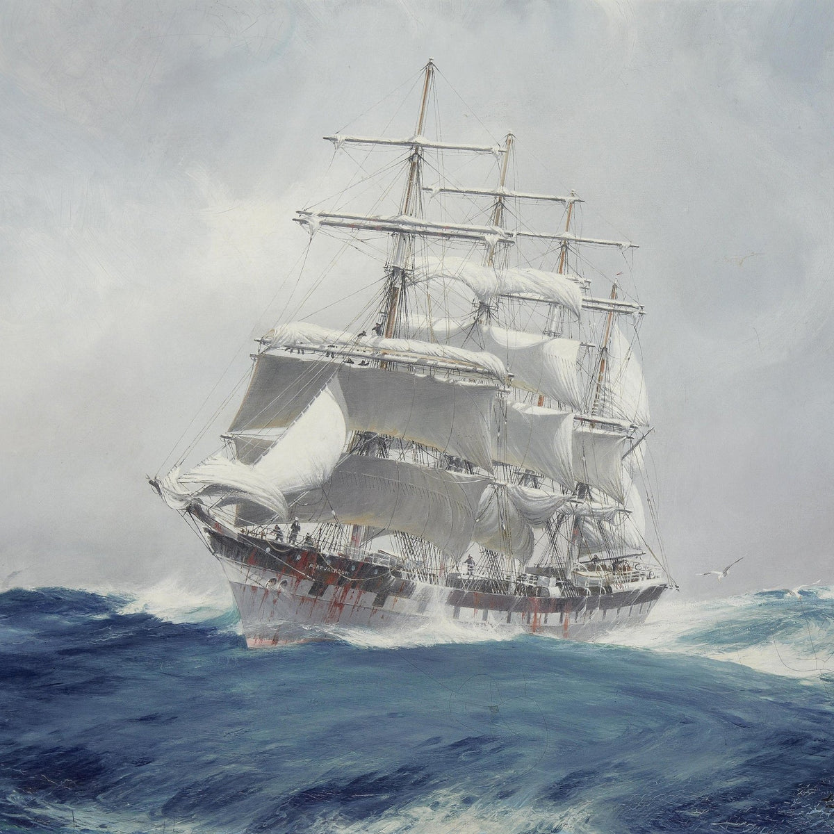 Nautical Oil Paintings - Tall Ship on Blue Sea Under Gray Sky - Oil Painting Haven