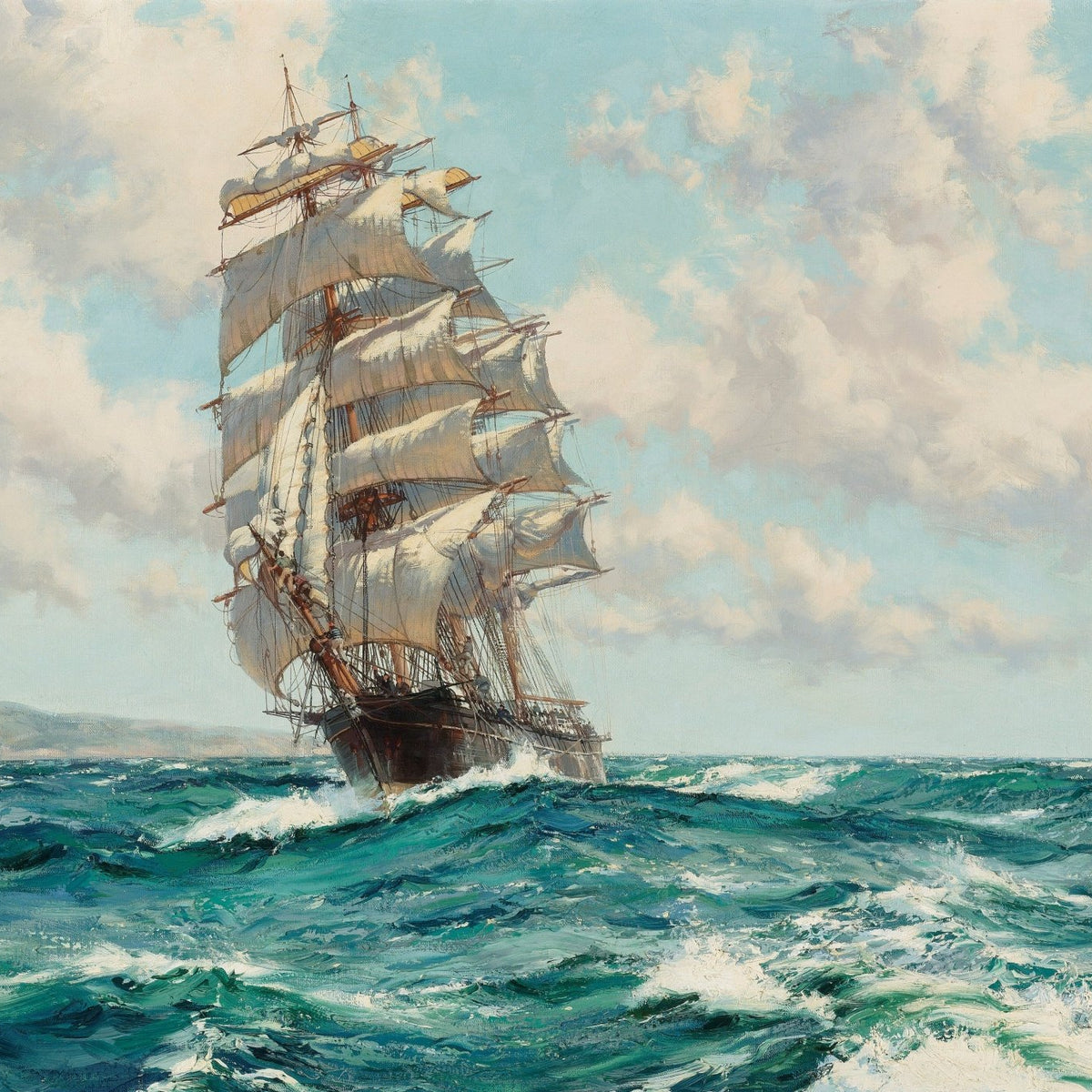 Nautical Oil Paintings - Tall Ship on Bright Turquoise Waves - Oil Painting Haven