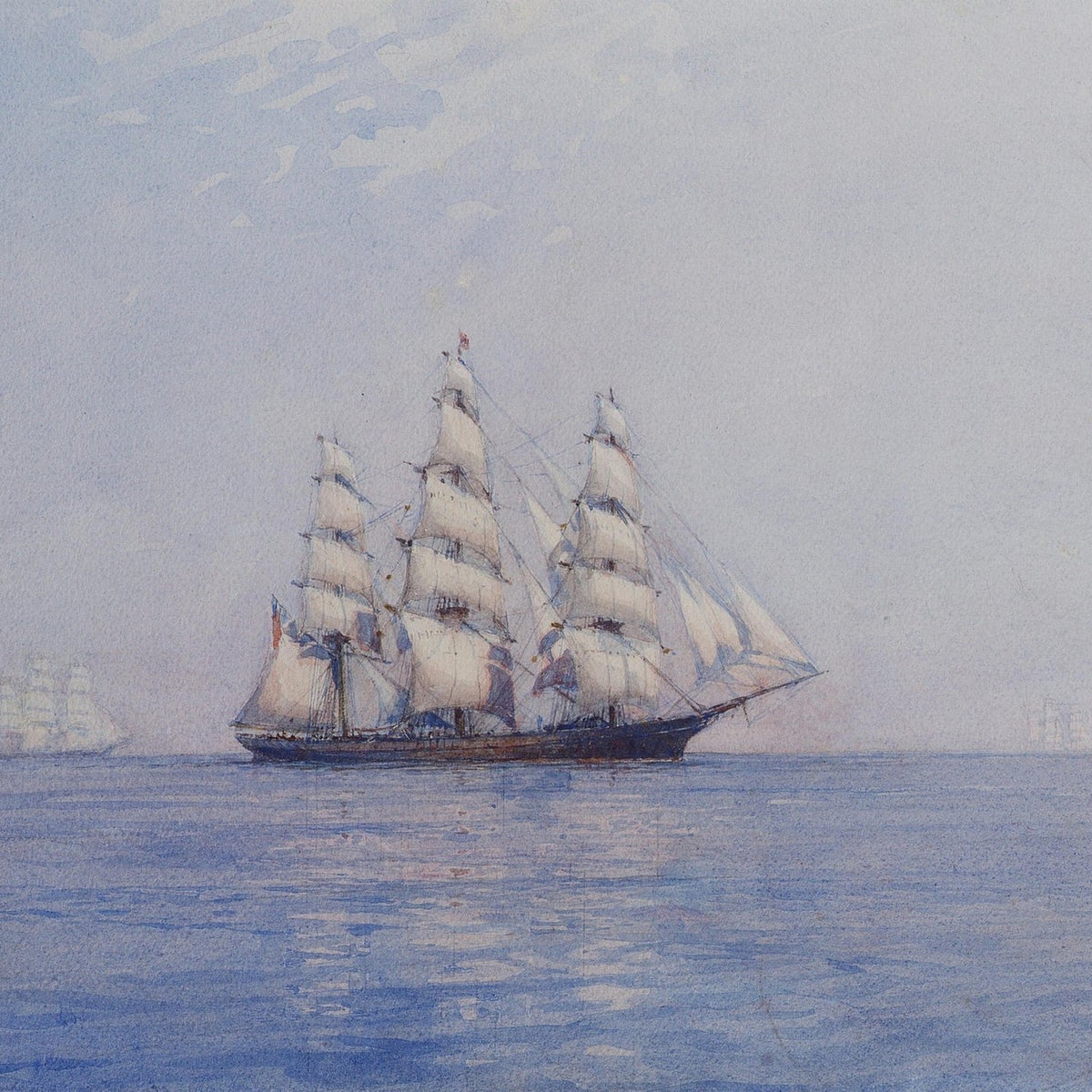 Hand-painted tall ship on calm blue sea at dawn nautical oil painting on canvas