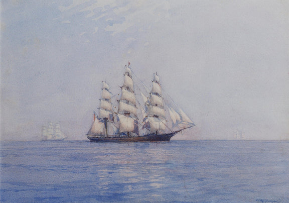 Hand-painted tall ship on calm blue sea at dawn nautical oil painting on canvas