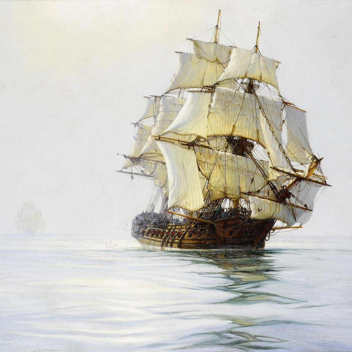 Hand-painted tall ship on calm water in morning mist nautical oil painting on canvas