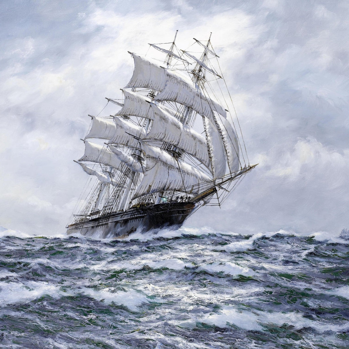 Hand-painted tall ship on choppy sea under gray sky nautical oil painting on canvas