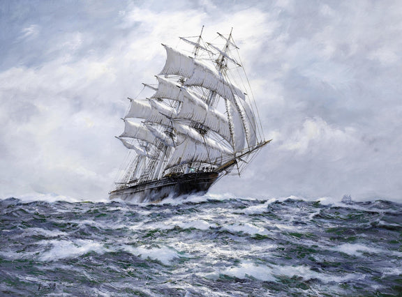 Hand-painted tall ship on choppy sea under gray sky nautical oil painting on canvas