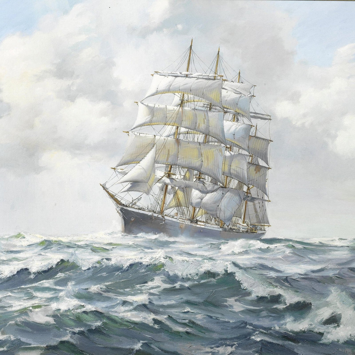 Hand-painted tall ship on foaming blue-green sea nautical oil painting on canvas
