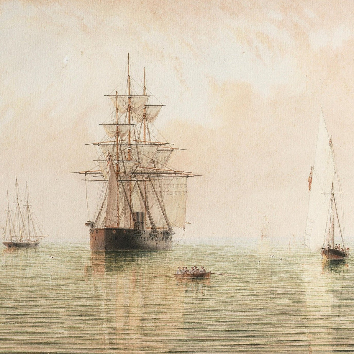 Hand-painted tall ship on glassy morning waters nautical oil painting on canvas