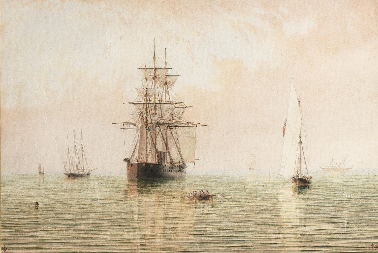 Hand-painted tall ship on glassy morning waters nautical oil painting on canvas