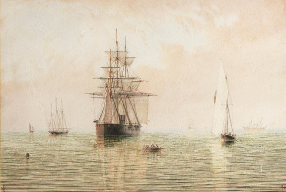 Hand-painted tall ship on glassy morning waters nautical oil painting on canvas