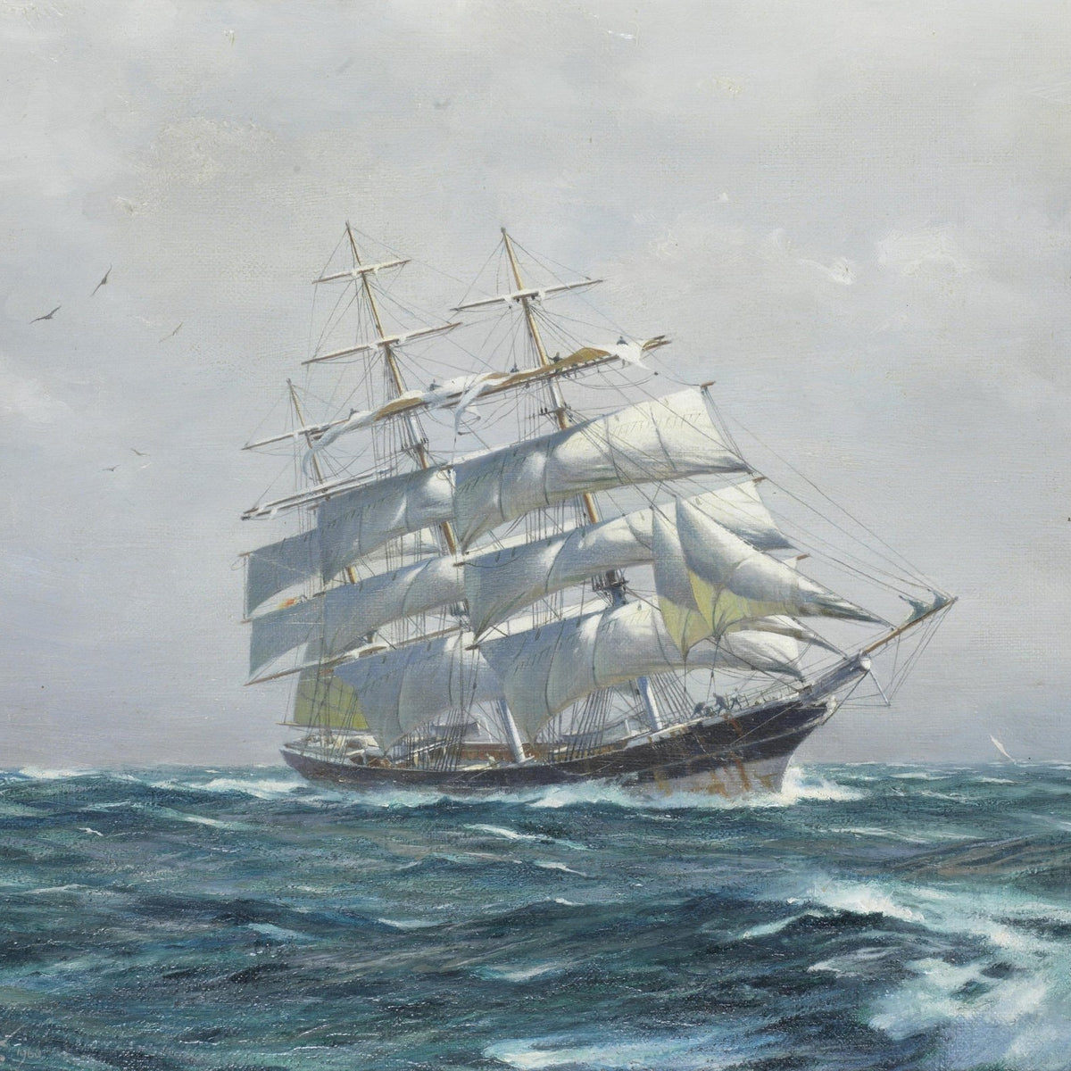 Hand-painted tall ship on rolling blue sea nautical oil painting on canvas