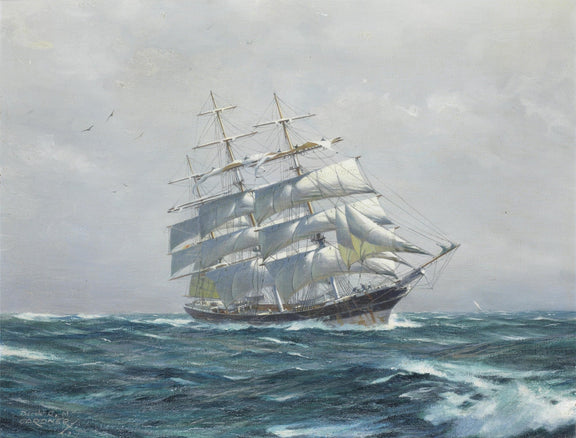 Hand-painted tall ship on rolling blue sea nautical oil painting on canvas