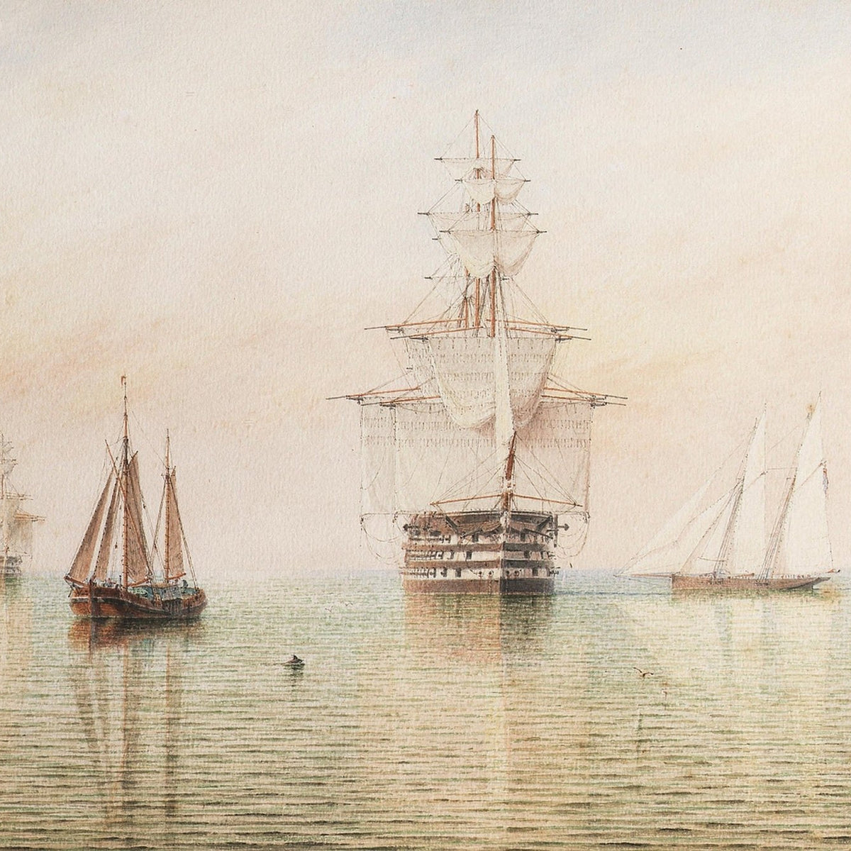 Hand-painted tall ship on still sea with sailboats nautical oil painting on canvas