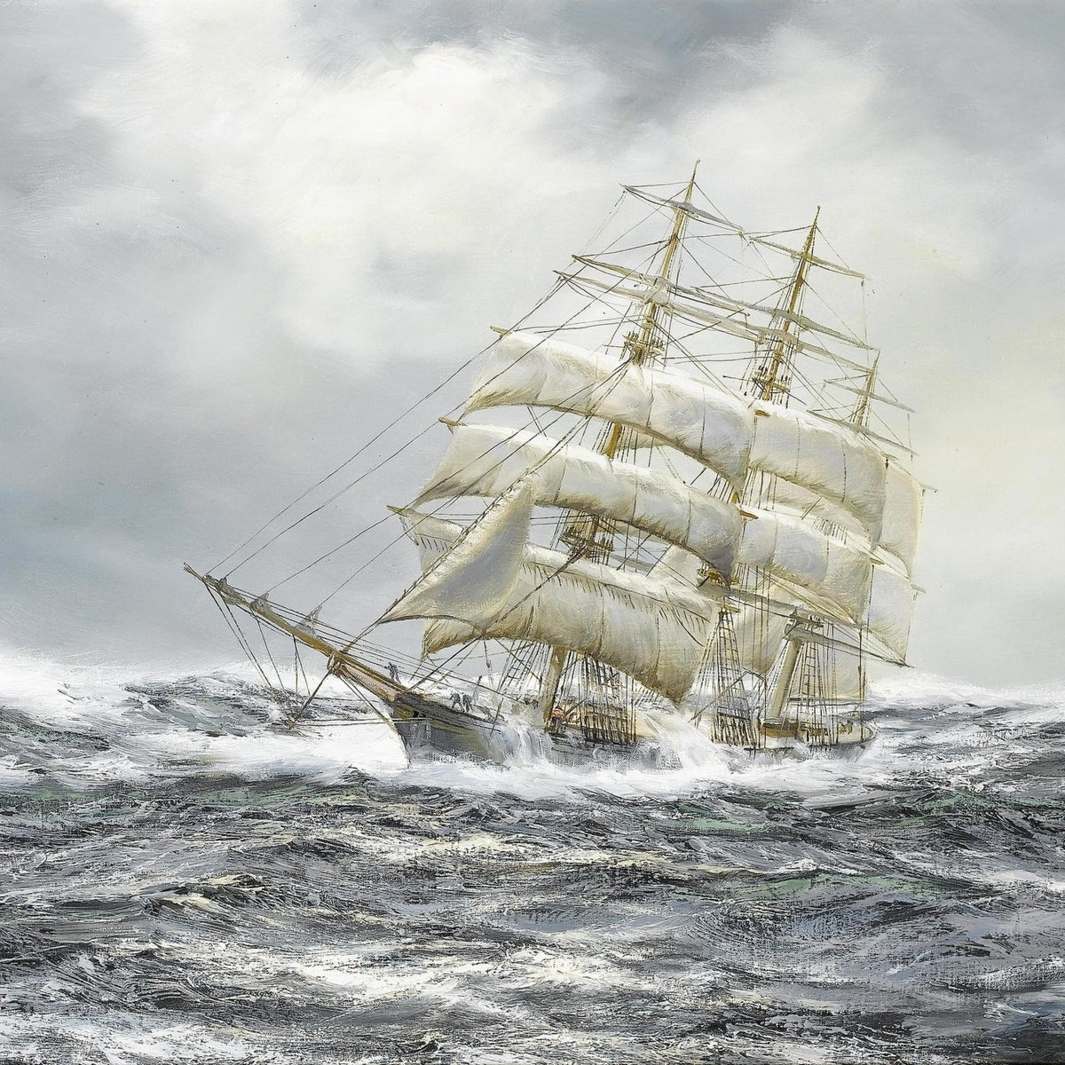 Nautical Oil Paintings - Tall Ship on Stormy Gray Sea with Sails - Oil Painting Haven