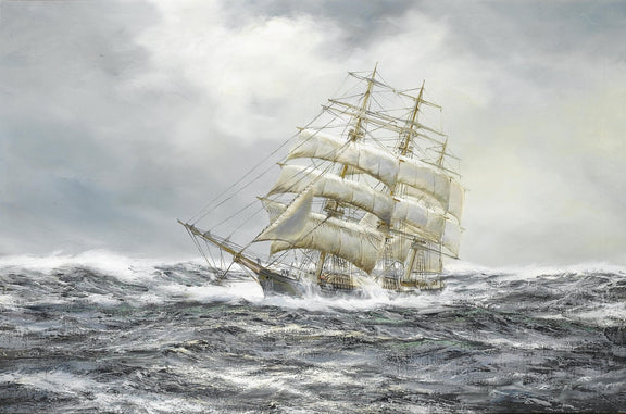 Nautical Oil Paintings - Tall Ship on Stormy Gray Sea with Sails - Oil Painting Haven