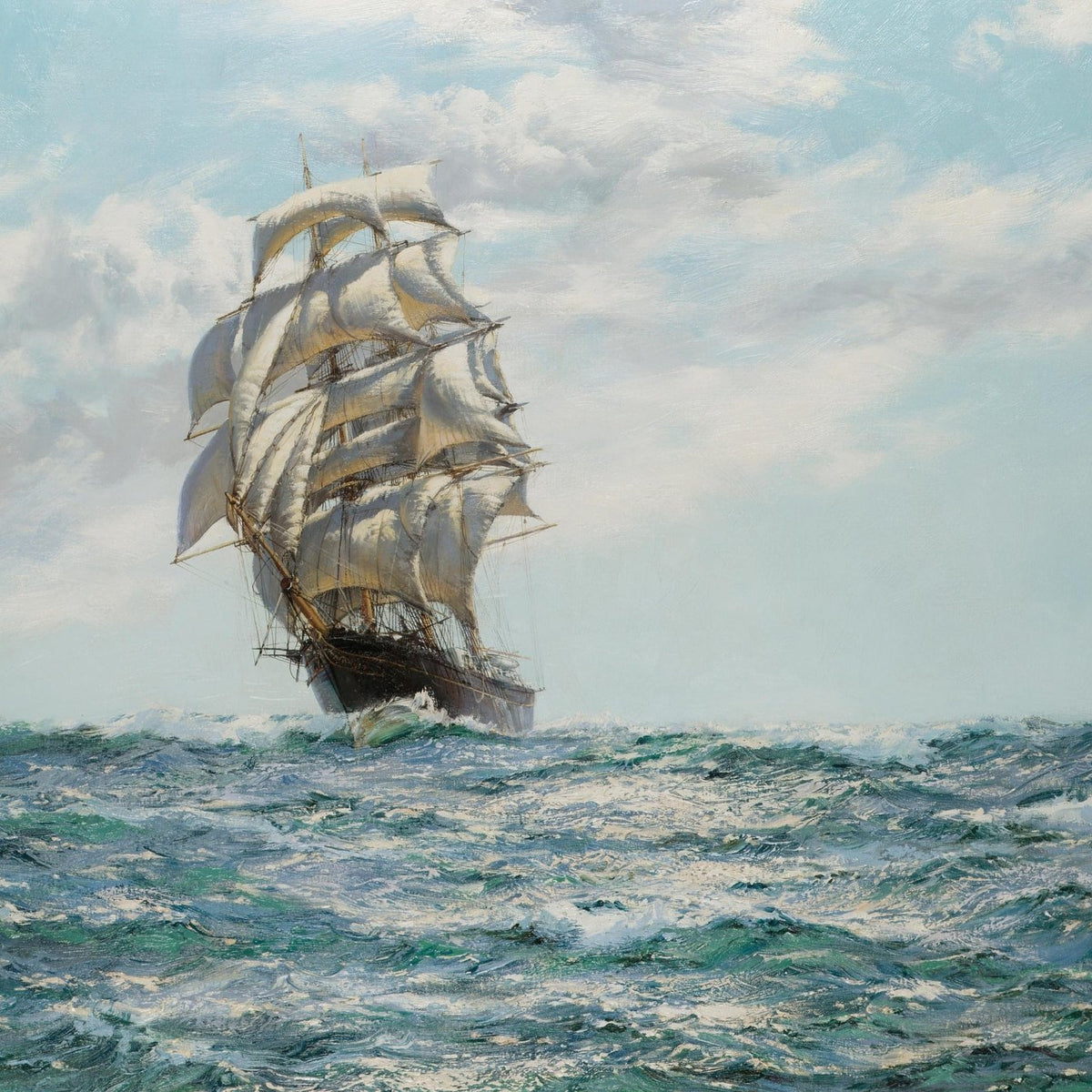 Nautical Oil Paintings - Tall Ship on Sunlit Blue Sea - Oil Painting Haven