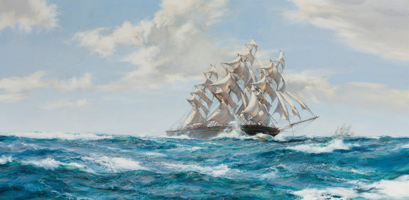 Hand-painted tall ship on turquoise coastal waves nautical oil painting on canvas