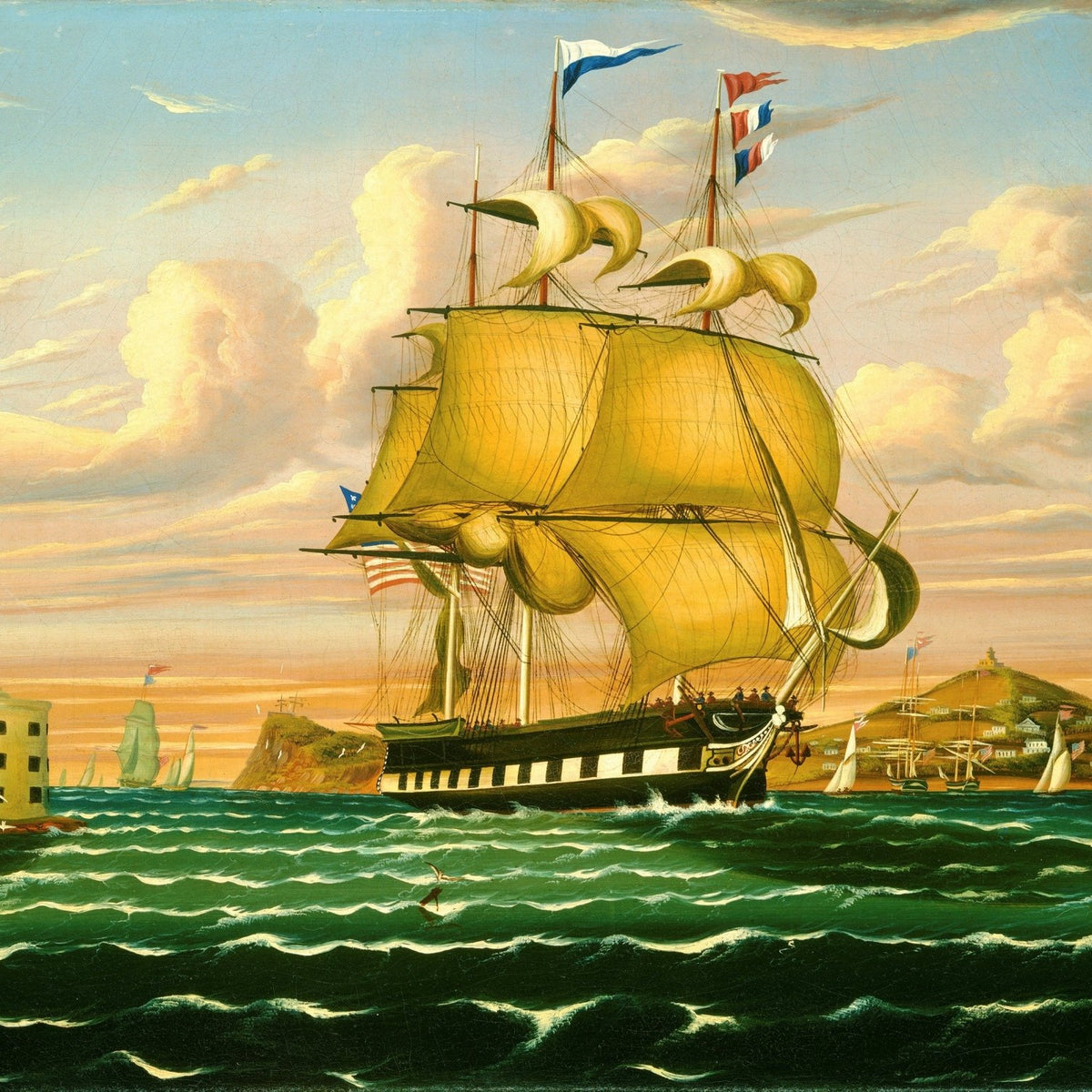 Nautical Oil Paintings - Tall Ship Sailing by Harbor Fort - Oil Painting Haven