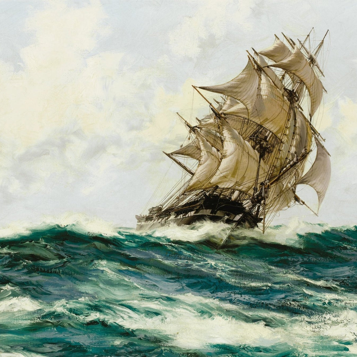 Hand-painted tall ship sailing through emerald waves nautical oil painting on canvas