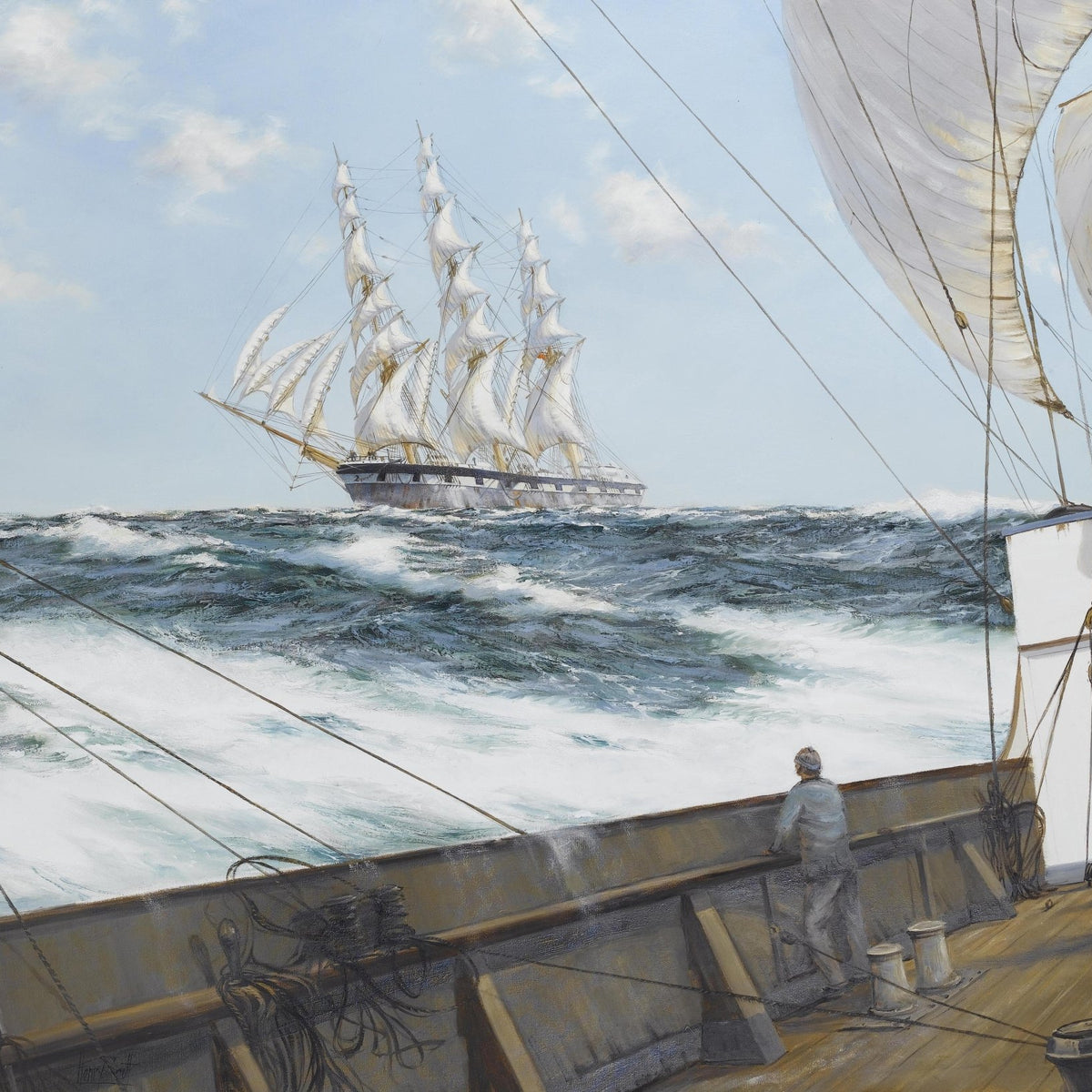 Hand-painted tall ship seen from deck on rolling sea nautical oil painting on canvas