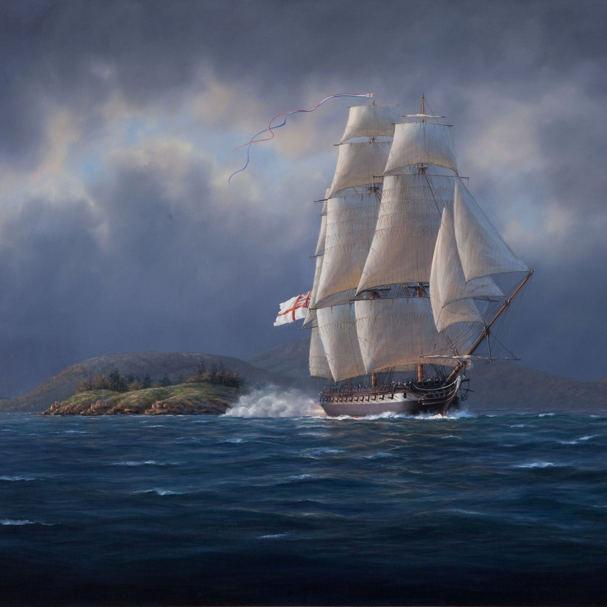 Hand-painted tall ship under a stormy sky nautical oil painting on canvas