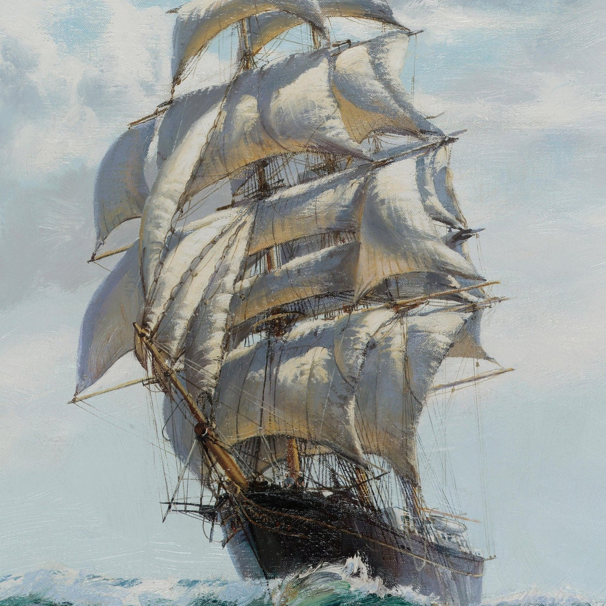 Hand-painted tall ship with full sails on blue sea nautical oil painting on canvas