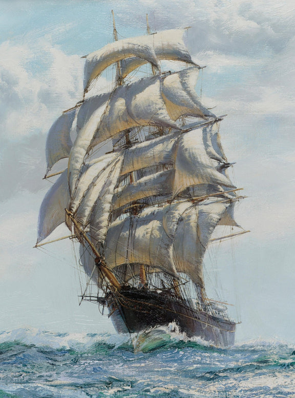 Hand-painted tall ship with full sails on blue sea nautical oil painting on canvas