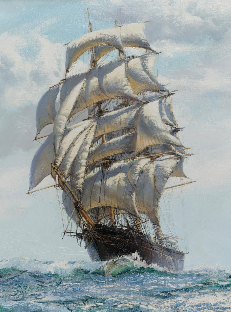 Hand-painted tall ship with full sails on blue sea nautical oil painting on canvas