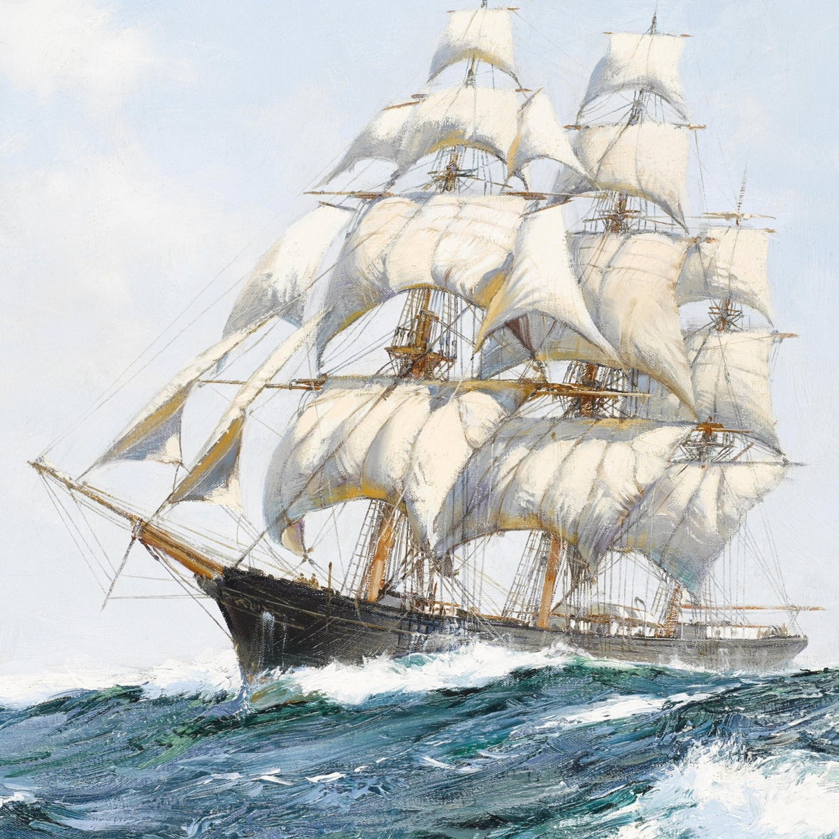 Hand-painted tall ship with white sails at sea nautical oil painting on canvas