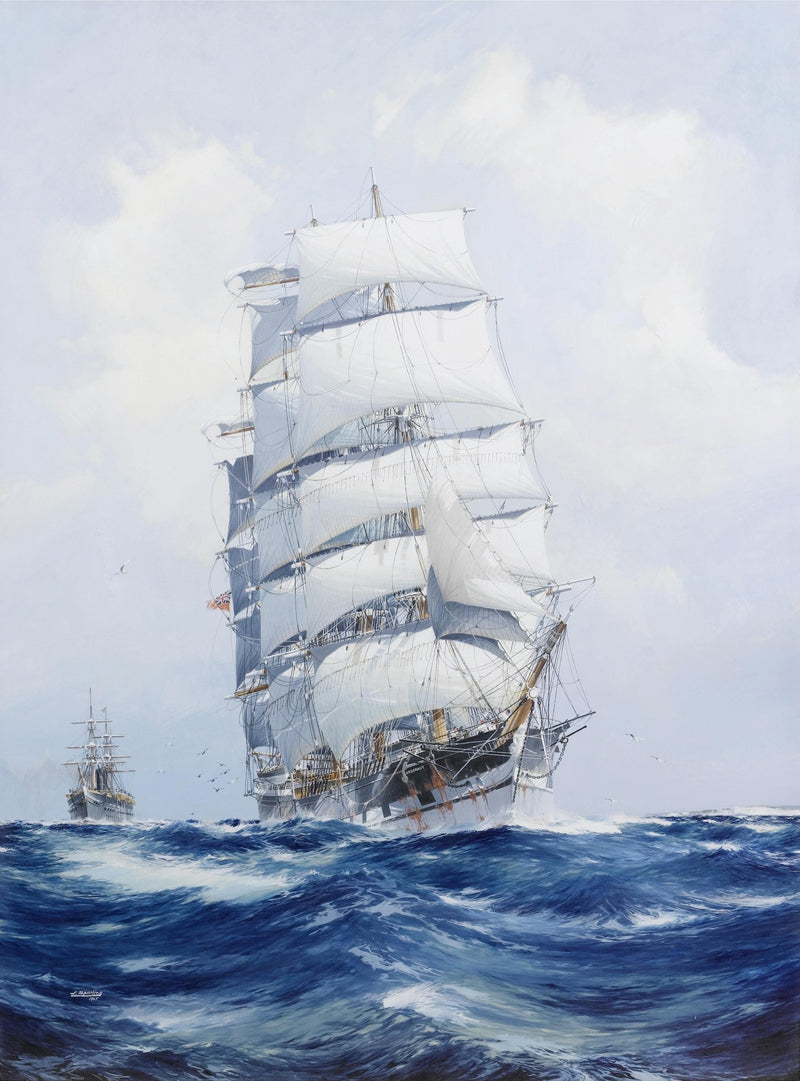 Nautical Oil Paintings - Tall Ship with White Sails on Blue Sea - Oil Painting Haven