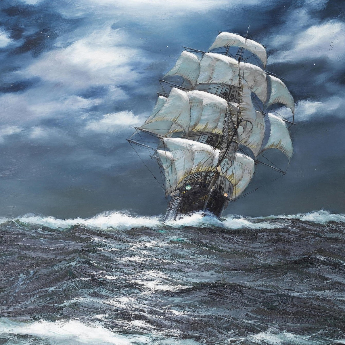 Hand-painted tall ship with white sails on dark sea nautical oil painting on canvas