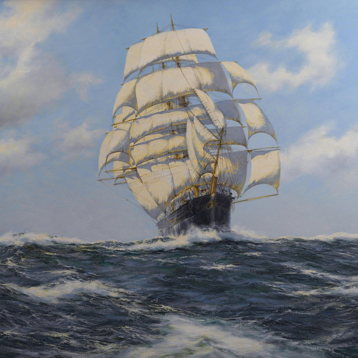 Hand-painted tall ship with white sails on open sea nautical oil painting on canvas