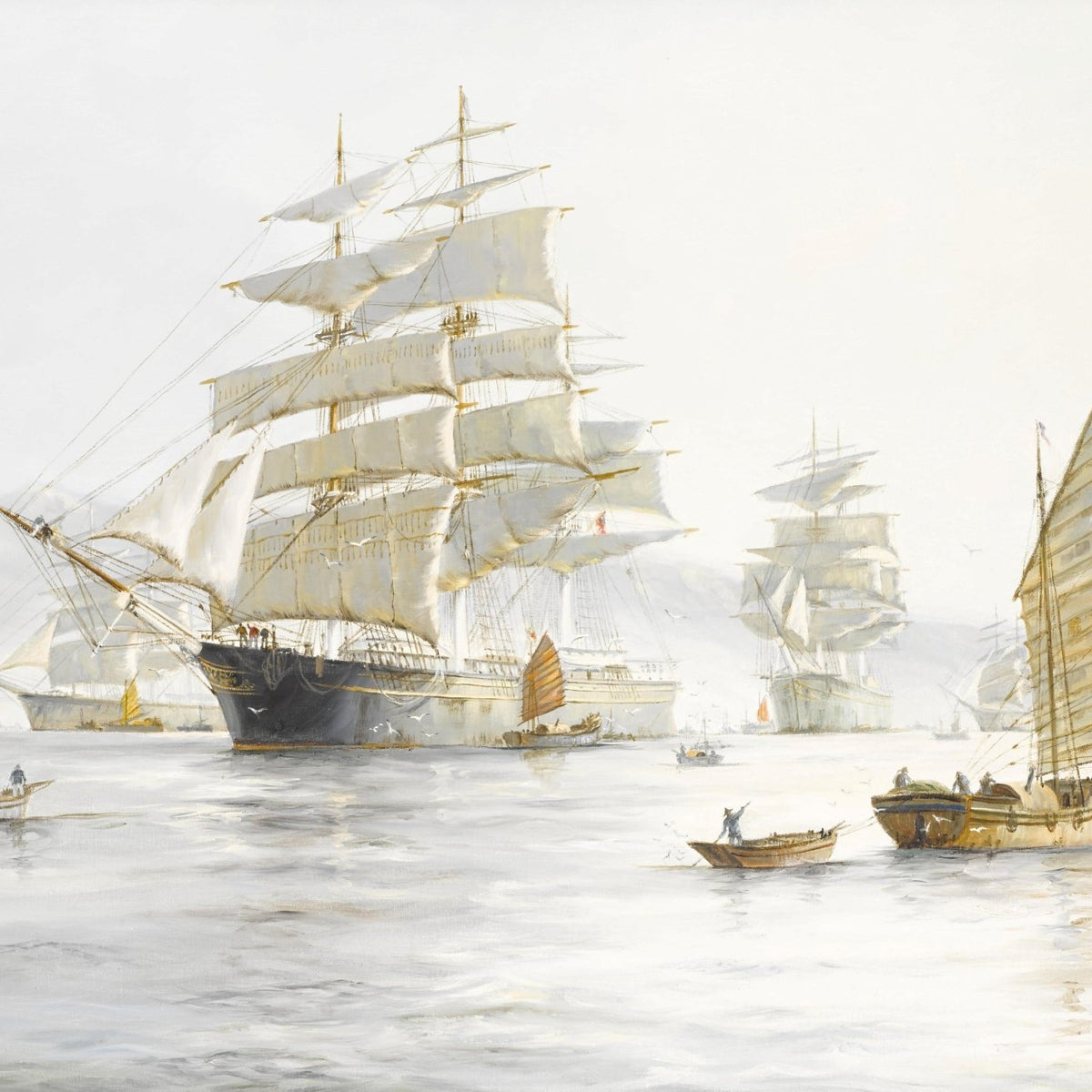 Hand-painted tall ships and junks on misty harbor nautical oil painting on canvas