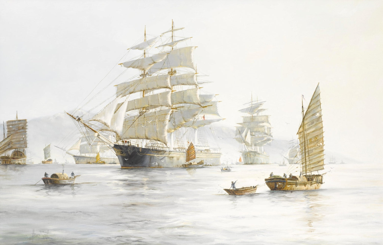 Hand-painted tall ships and junks on misty harbor nautical oil painting on canvas