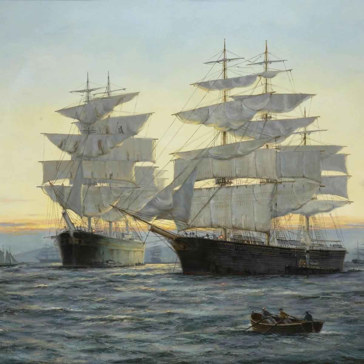 Nautical Oil Paintings - Tall Ships at Sunset Sea - Oil Painting Haven